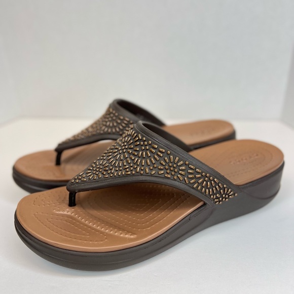 Crocs Monterey Diamante Wedges Womens Sz 11 Espresso/Bronze LKNW Condition - Picture 1 of 13